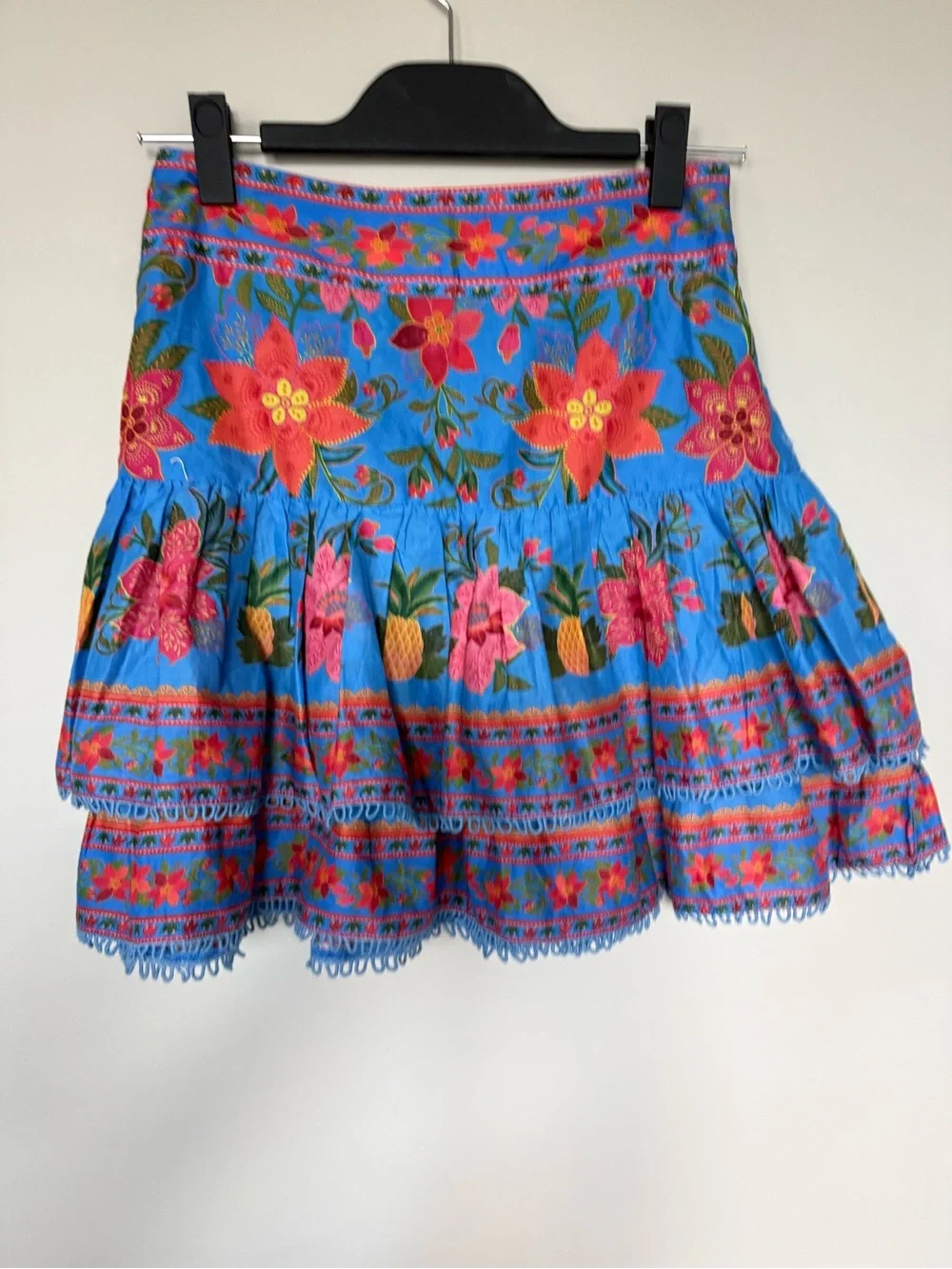 FARM Rio Turquoise Floral & Pineapple Tiered Mini Skirt